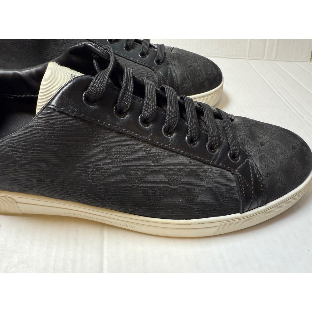 Emporio Armani Mens Black Jacquard Eagle Logo Low Top Sneakers Leather Trim 13 - Picture 4 of 9